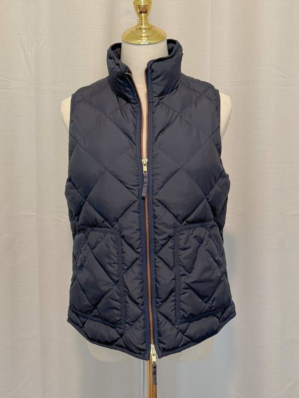 J. Crew Navy Blue Quilted Down Puffer Vest Gold Zip Medium